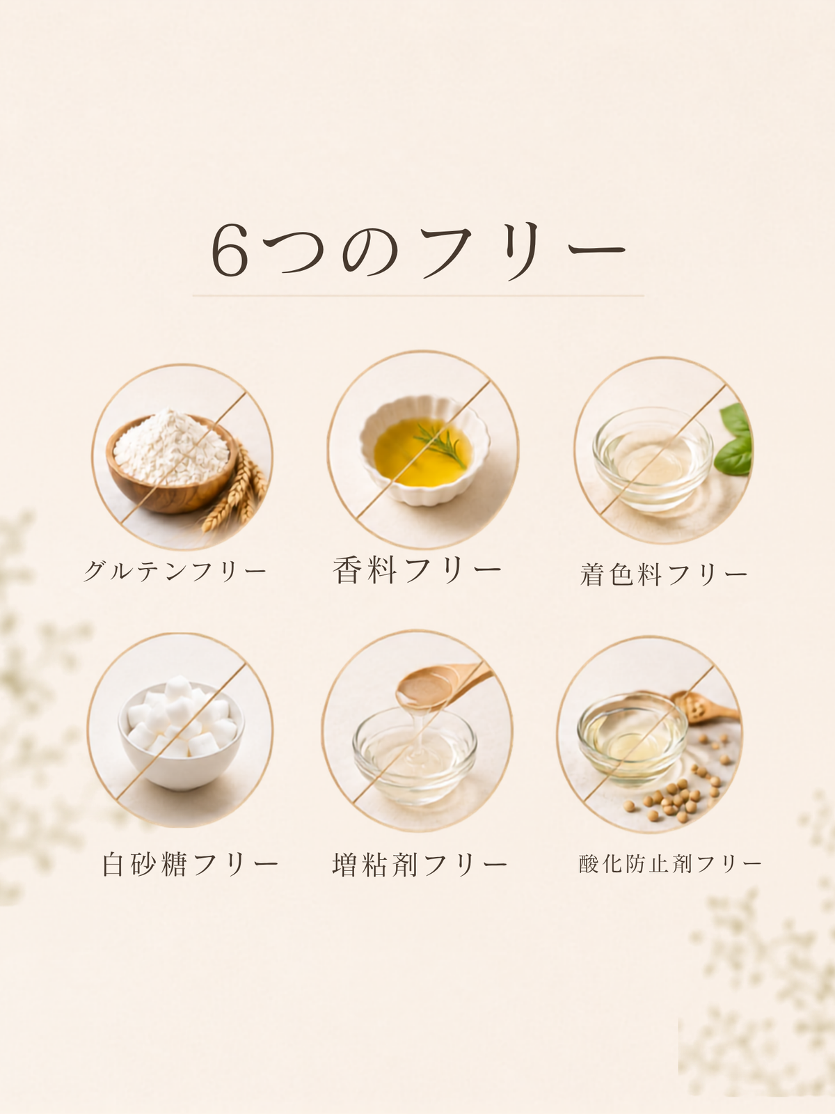 6つのフリーへのこだわり。添加物不使用で安心して飲める商品説明。